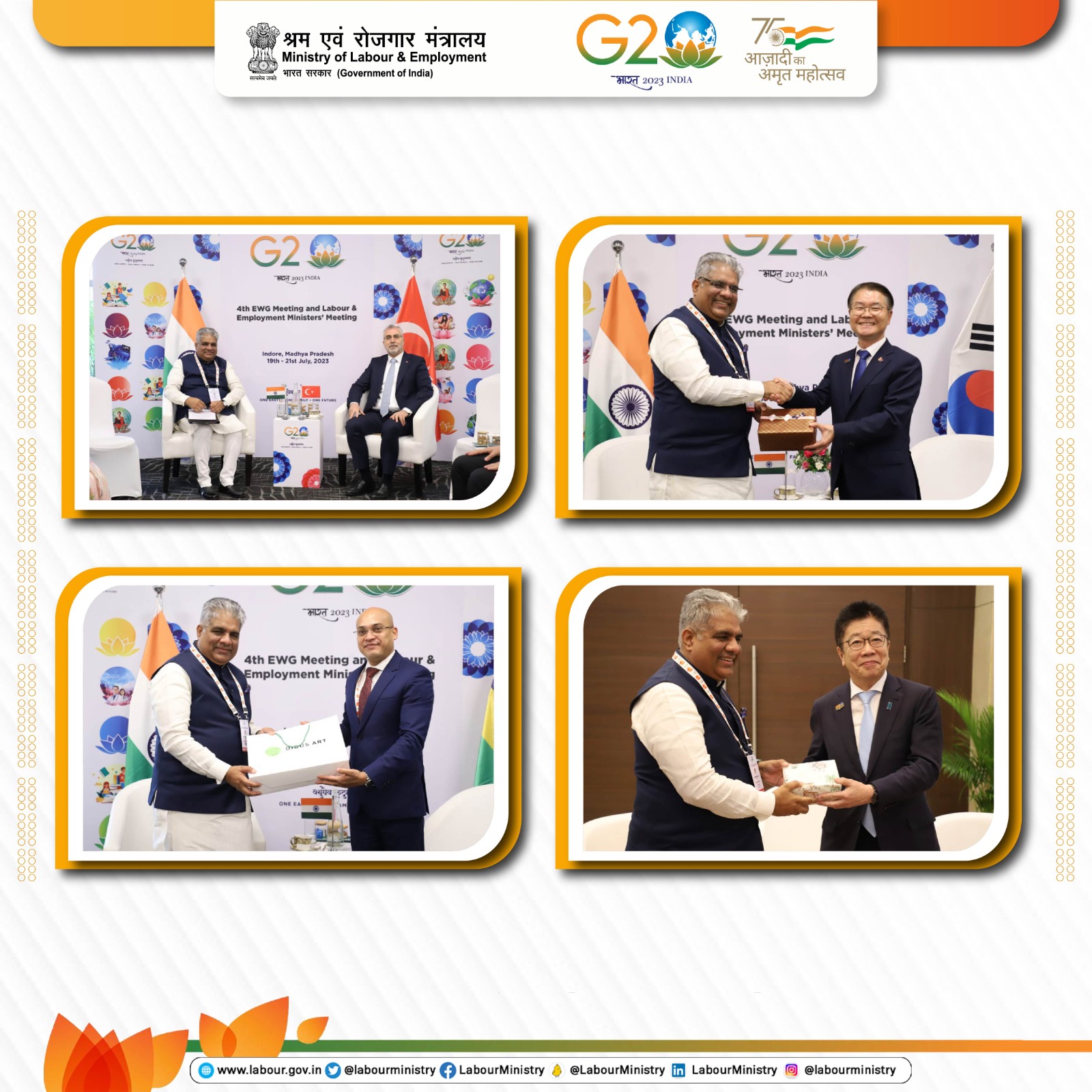 Glimpses of bilateral meetings between India and Turkey,  Mauritius, South Korea and Japan at Ministerial level, at the sidelines of the G20 LEM Meeting, at Indore, Mandhya Pradesh.