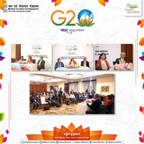 Secretary, Labour & Employment and Secretary, Ministry of Skill Development & Entrepreneurship addressing the media on the first day of the G20  Employment Working Group Meeting presently taking place at Jodhpur, Rajasthan.