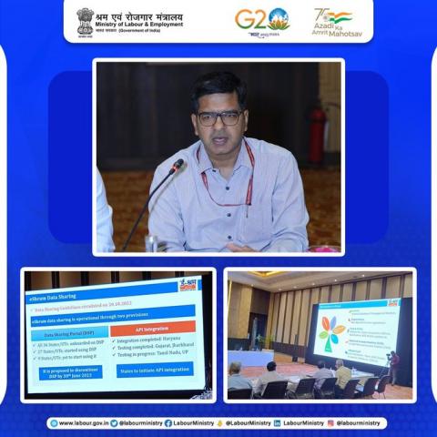 Shri Amit Nirmal, Deputy Director General (Employment) making a presentation on e-shram portal on the 2nd Day of Meeting of States/UTs Labour Secretaries at Agra